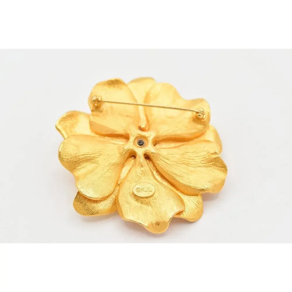 KJL Vintage Dogwood Flower Pin Brooch Brushed Gold Matte Chunky Signed 80s BinBK